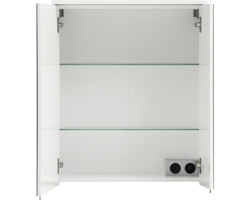 Armoire de toilette ouverte avec étagères en verre et prises