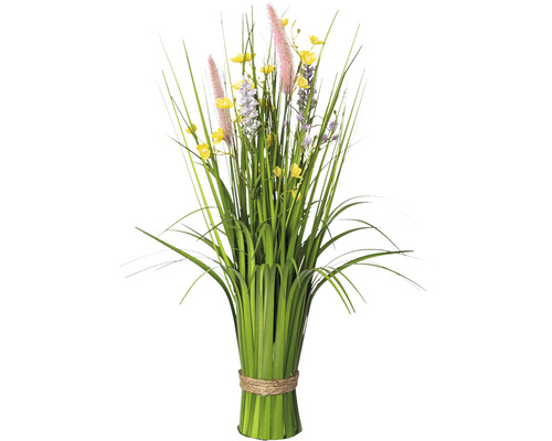 Touffe d'herbes debout avec fleurs Fibre synthétique 48 cm jaune rose violet Arrangement d''herbe artificielle avec fleurs et ruban de raphia