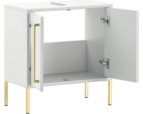 Meuble sous-lavabo avec deux portes ouvertes et pieds dorés