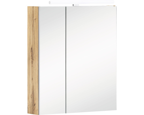 Armoire de toilette Möbelpartner Karla 60 x 16 x 75 cm chêne clair 2 portes led Armoire de toilette à miroir avec décor en bois et éclairage