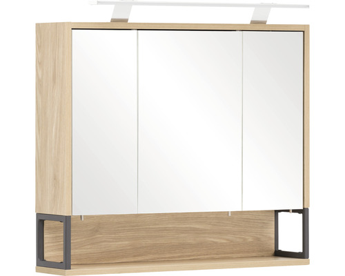 Armoire de toilette Möbelpartner Limone 70 x 16 x 68 cm chêne clair 3 portes led Armoire de toilette à trois portes et éclairage