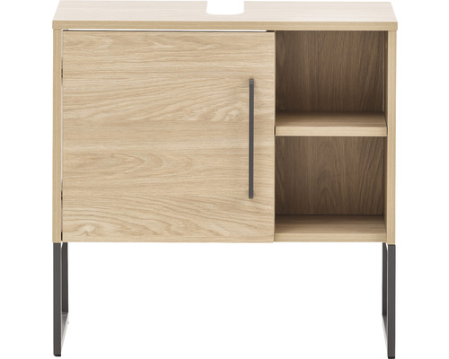 Meuble sous-lavabo avec porte, compartiment ouvert et pieds en métal