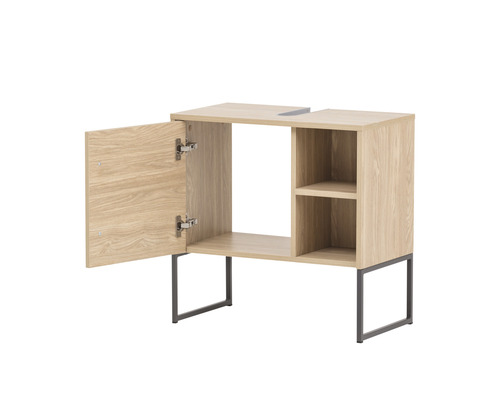 Meuble sous-lavabo en bois avec porte et étagères sur pieds en métal