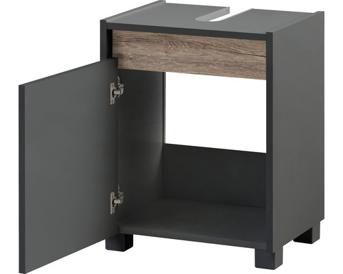 Meuble sous-lavabo avec porte ouverte et compartiment de rangement