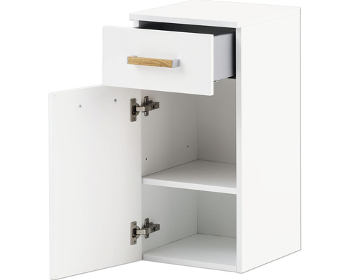Meuble sous-lavabo blanc avec tiroir et étagères
