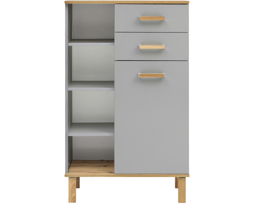 Armoire d''appoint grise avec trois tiroirs et étagère ouverte