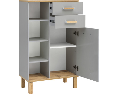 Armoire multifonctionnelle grise avec tiroirs, étagères et une porte