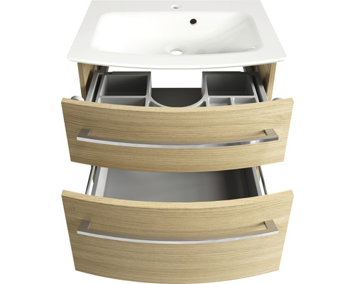 Meuble sous-lavabo avec deux tiroirs ouverts