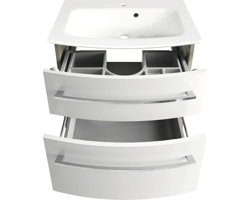 Waschtischunterschrank mit zwei offenen Schubladen und Waschbecken