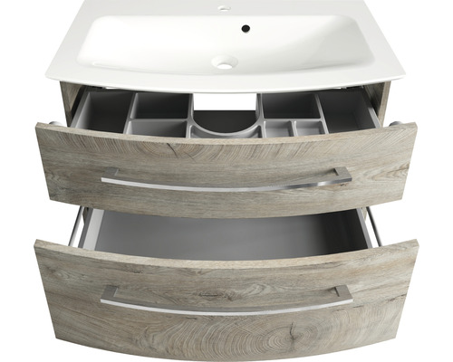 Meuble sous-lavabo avec deux tiroirs ouverts