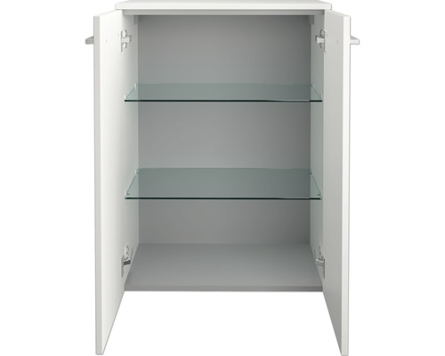 Armoire de salle de bains blanche ouverte avec deux étagères en verre pour les accessoires de salle de bains