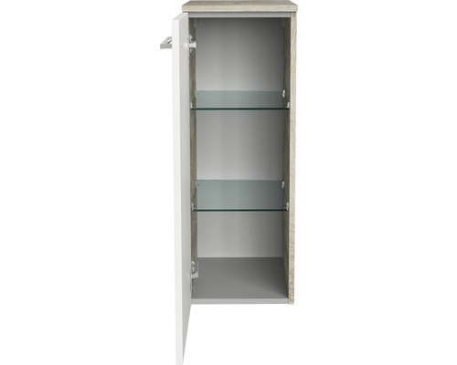 Armoire de salle de bain ouverte avec deux étagères en verre