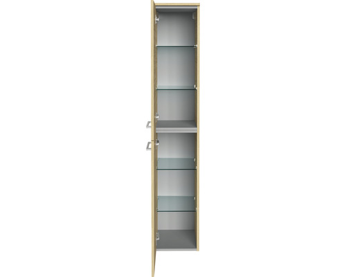 Armoire haute de salle de bains ouverte avec porte en bois et étagères en verre