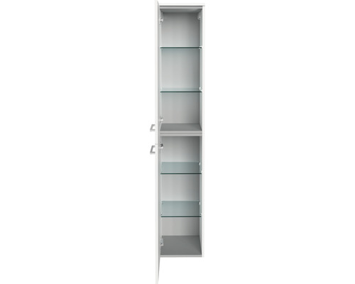 Armoire haute de salle de bains ouverte avec étagères en verre