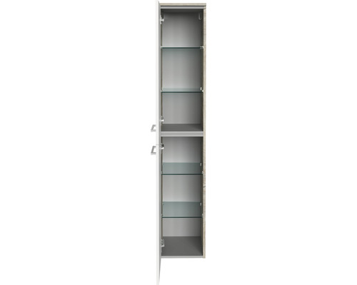 Armoire haute de salle de bain ouverte avec étagères en verre