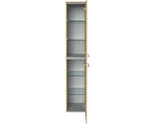 Armoire haute de salle de bain ouverte avec étagères en verre