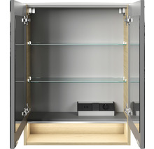Armoire de toilette ouverte avec étagères en verre et module de prises