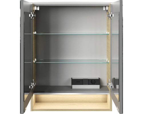 Armoire de toilette ouverte avec étagères en verre et module de prises