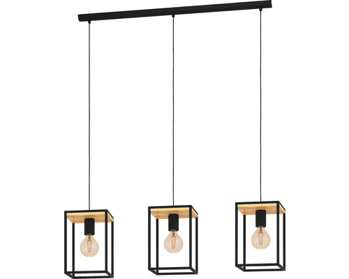 Hängelampe mit drei Leuchten, Kubusdesign, Holz und Metall