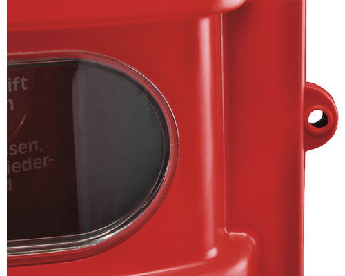 Vue détaillée d''une boîte aux lettres rouge avec fenêtre de visualisation