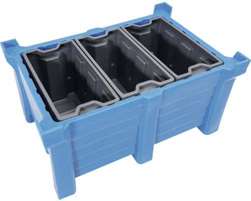 Blauer Palettenaufsatzrahmen aus Kunststoff mit drei Einsätzen