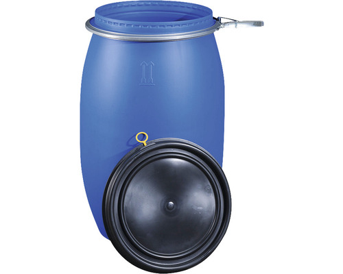 Blaues Kunststofffass mit Deckel und Spannring