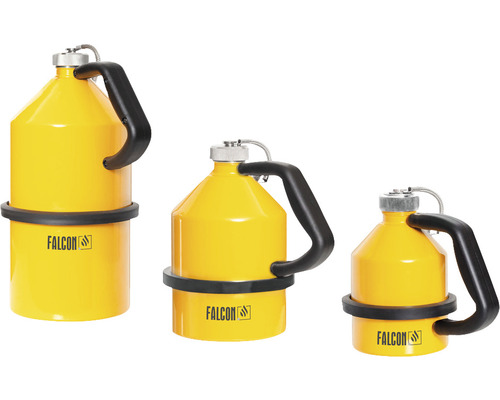 Drei gelbe Sicherheitskanister mit schwarzem Tragegriff und Falcon Logo.