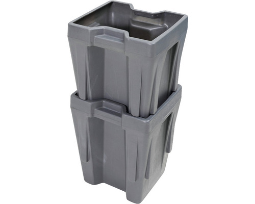 Zwei graue Kunststoffboxen übereinander gestapelt