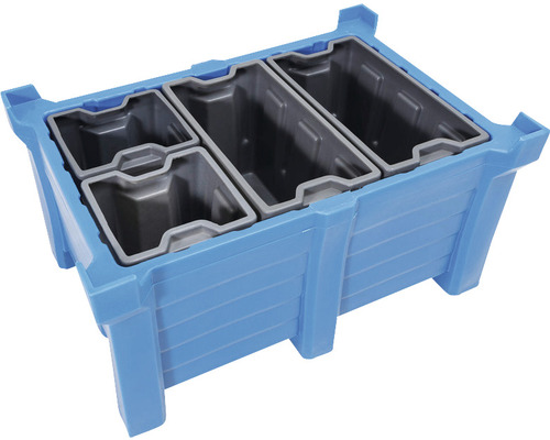 Blauer Kunststoffbehälter mit vier grauen Einsätzen