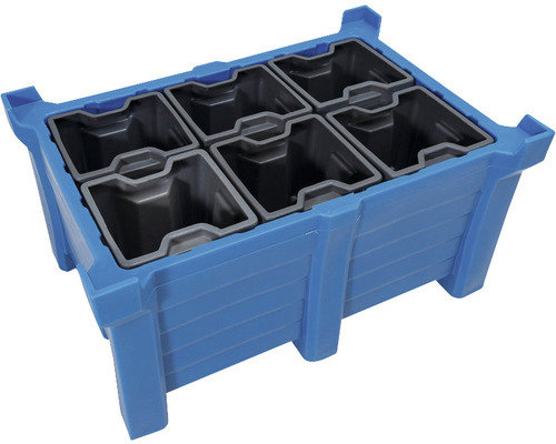 Blaue Kunststoffbox mit sechs Fächern zur Lagerung