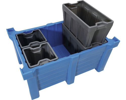 Blaues Stapelboxsystem mit grauen Einsätzen