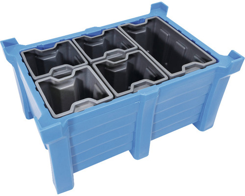 Blaue Stapelkiste mit fünf grauen Einsätzen für Ordnung und Lagerung
