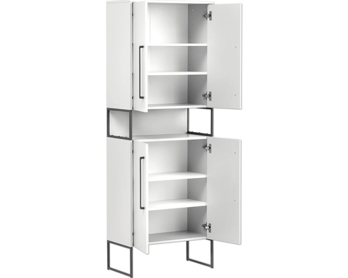 Armoire haute blanche avec portes ouvertes et plusieurs étagères