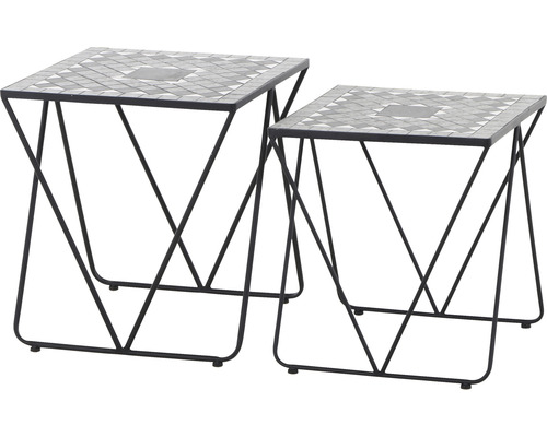 Beistelltischset Gardamo Set Como II, 2-teilig Gestell aus Stahl in matt schwarz, Gartentischplatte aus Keramik in dunkelgrau Zwei Mosaiktische mit Metallgestell