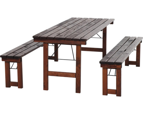 Table Natura Wallis garniture 180x70 cm, complète pliante, brun foncé lasuré Ensemble table de brasserie avec une table et deux bancs en bois