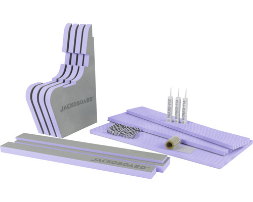 Jackoboard Baumaterialien mit Schrauben, Klebstoff und Abdichtband