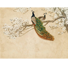 Illustration de deux paons sur un arbre en fleurs