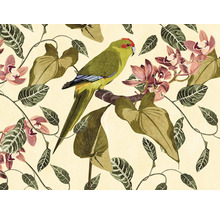 Illustration eines Vogels auf einem Ast mit Blättern und Blüten