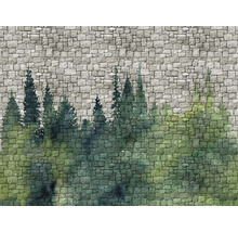Papier peint avec mur de pierre et motif de forêt