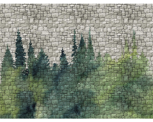 Papier peint panoramique intissé 38245-1 The Wall mur en pierres aquarelle forêt 7 pces 371 x 280 cm