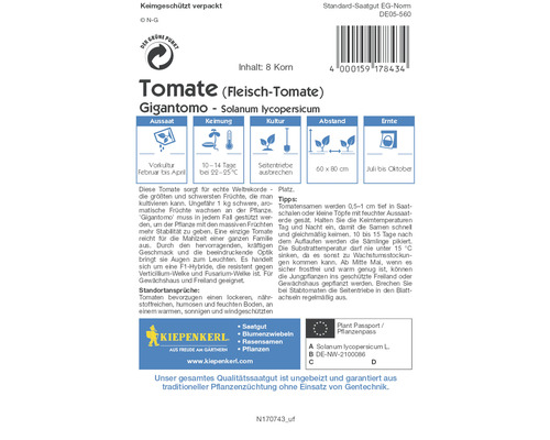 Sachet de graines de tomates Gigantomo avec des informations sur le semis, la germination, la culture, l''espacement et la récolte