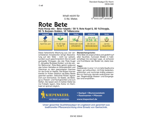 Paquet de graines de betterave rouge de la marque Kiepenkerl contenant des informations sur le semis, la germination, les exigences du site et la récolte