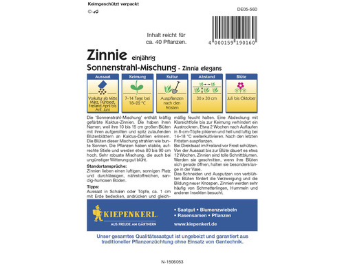 Zinnien Sonnenstrahl Mischung Samenpackung mit Informationen zu Aussaat, Keimung, Kultur, Abstand und Blüte