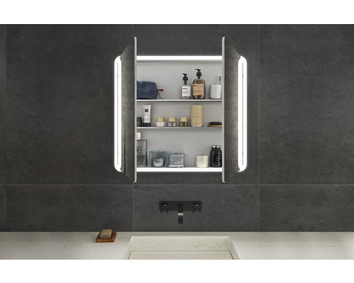 Armoire de toilette ouverte avec divers articles de salle de bain fixée sur un mur gris
