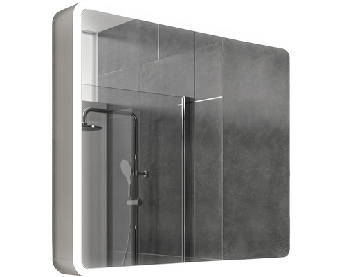 Armoire de toilette éclairée dans une salle de bain avec douche