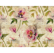 Blumenmuster mit Rosenblüten und Blättern auf beschriftetem Hintergrund