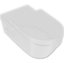 Weiße Wandtoilette mit geschlossenem Spülrand und integrierter Duschfunktion.