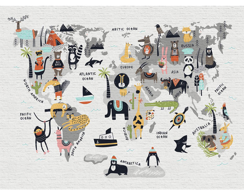 Papier peint panoramique intissé 38297-1 The Wall carte du monde avec motifs animaux 7 pces 371 x 280 cm