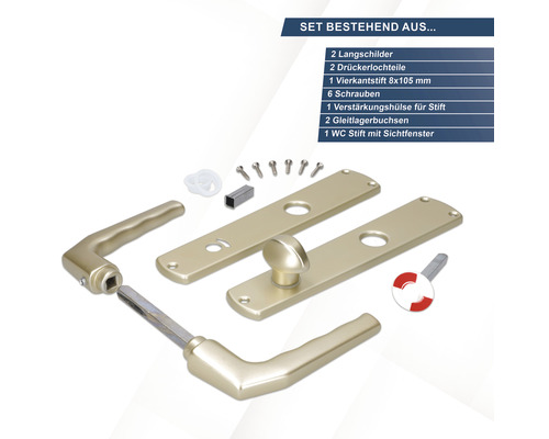 Türbeschlagset bestehend aus zwei Langschildern, zwei Drückerlochteilen, einem Vierkantstift, sechs Schrauben, einer Verstärkungshülse für Stift, zwei Gleitlagerbuchsen und einem WC Stift mit Sichtfenster