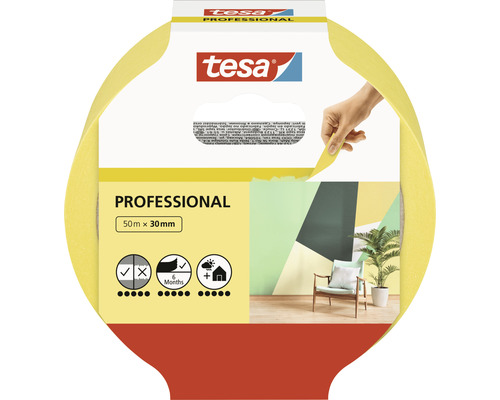 Ruban masquage pour peinture tesa Professional jaune 30 mm x 50 m Ruban de masquage Tesa Professional, 50 mètres x 30 millimètres